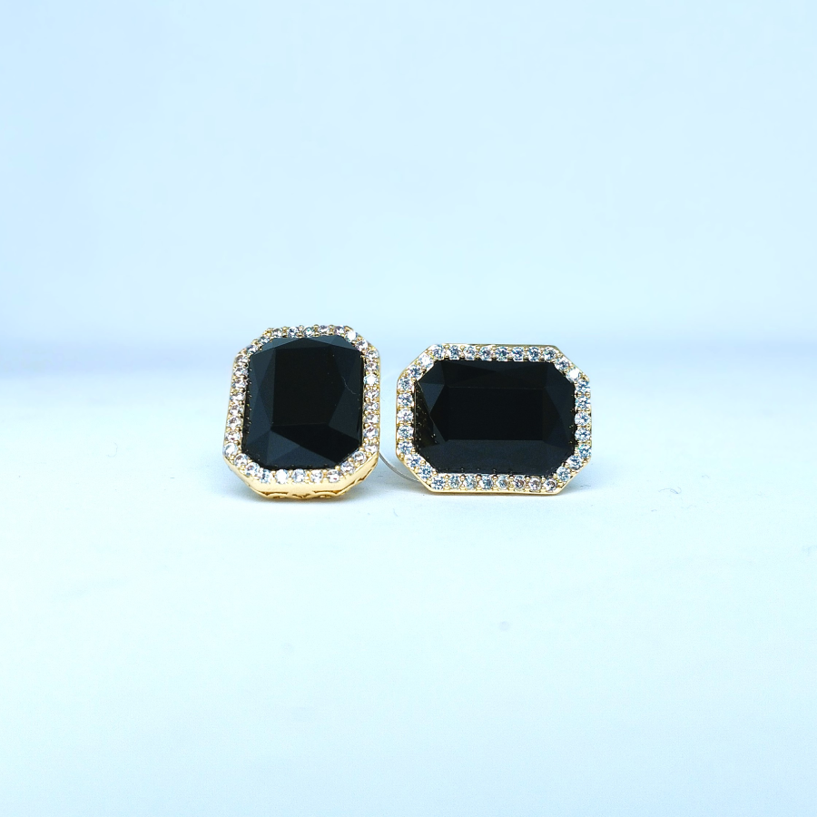 Black Crystal Stud Earrings with Gold Zircon Halo – Midnight Luxe Collection - Image 3