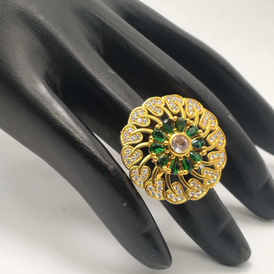 Emerald & CZ Floral Statement Ring – Adjustable Gold Cocktail Ring for Women - Image 3