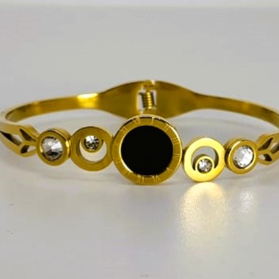 Elegant Gold Plated Black Stone Bracelet with Crystal Accents - Image 4