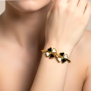 Elegant Gold Plated Clover Bracelet with Black & White Enamel