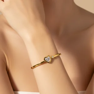 Gold Plated Minimalist Heart Bracelet with Crystal Stone