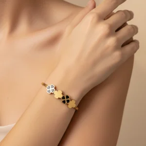 Stylish Gold Plated Clover Bracelet with Black Enamel