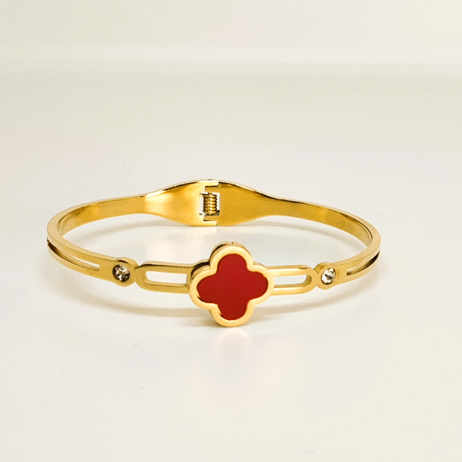 Elegant Gold Plated Red Clover Bracelet with Crystals - Image 3
