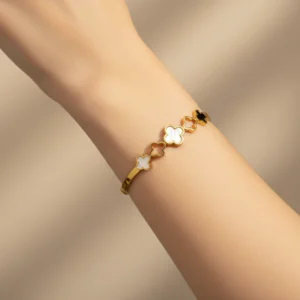 Elegant Gold Plated Clover Bracelet with White & Black Enamel
