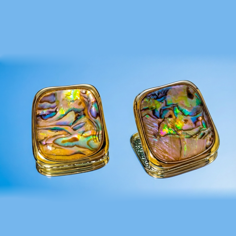 Square Abalone Shell Statement Stud Earrings with Gold-Tone Frame – Iridescent Luxury Jewelry - Image 3