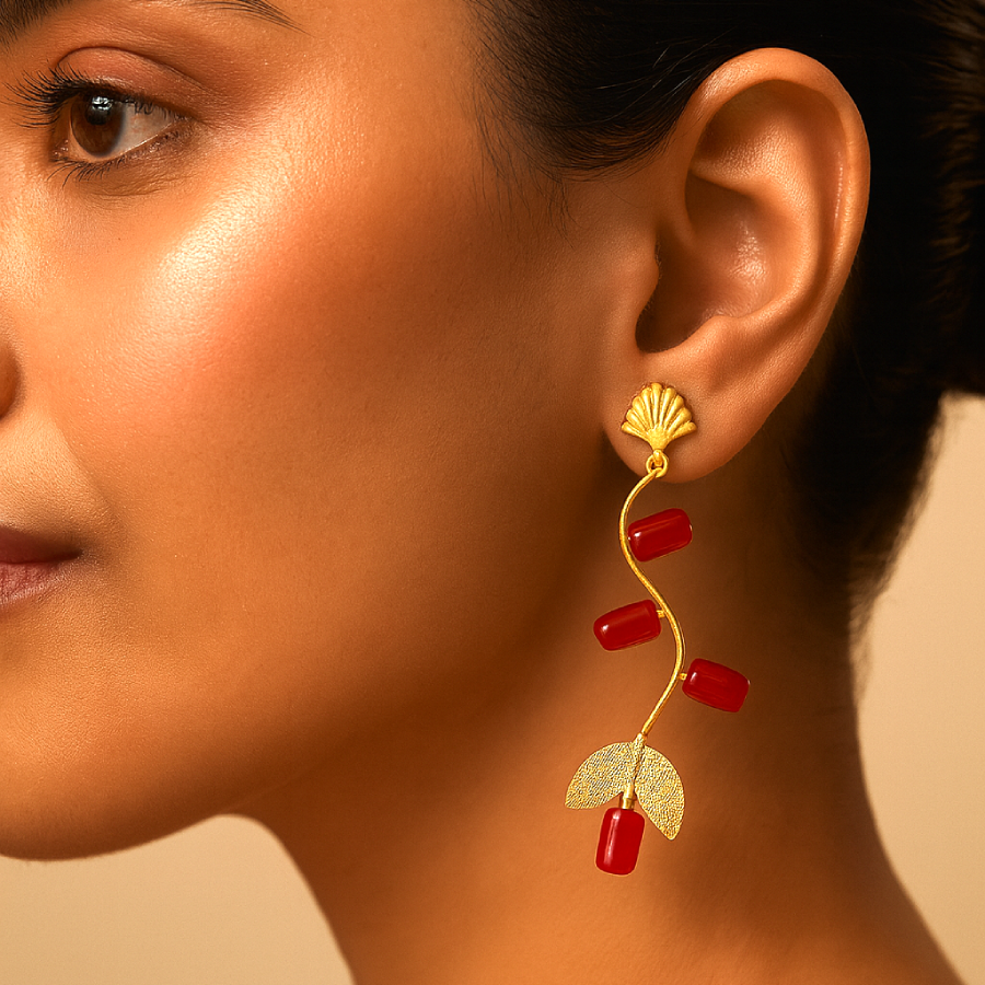 Artistic Gold Plated Red Stone Leaf Drop Earrings