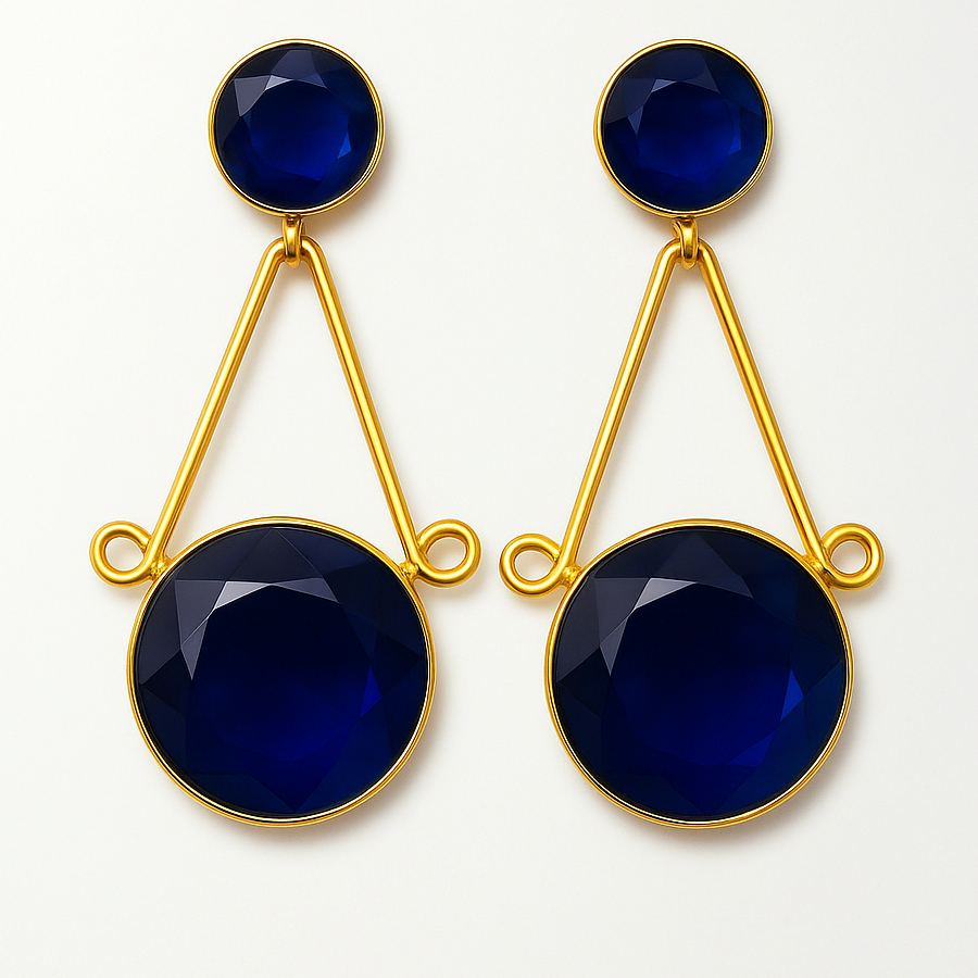 Stylish Gold Plated Blue Stone Geometric Drop Earrings - Image 3