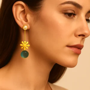 Gold Plated Modern Pearl & Green Stone Drop Earrings