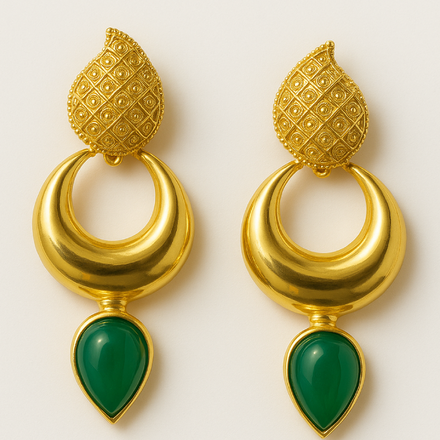 Traditional Gold Plated Green Stone Crescent Drop Earrings - Image 3