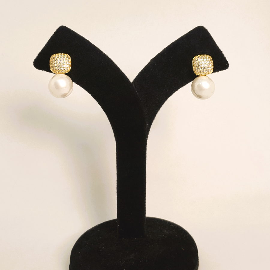 Elegant Gold Plated Pearl & Crystal Stud Earrings - Image 2