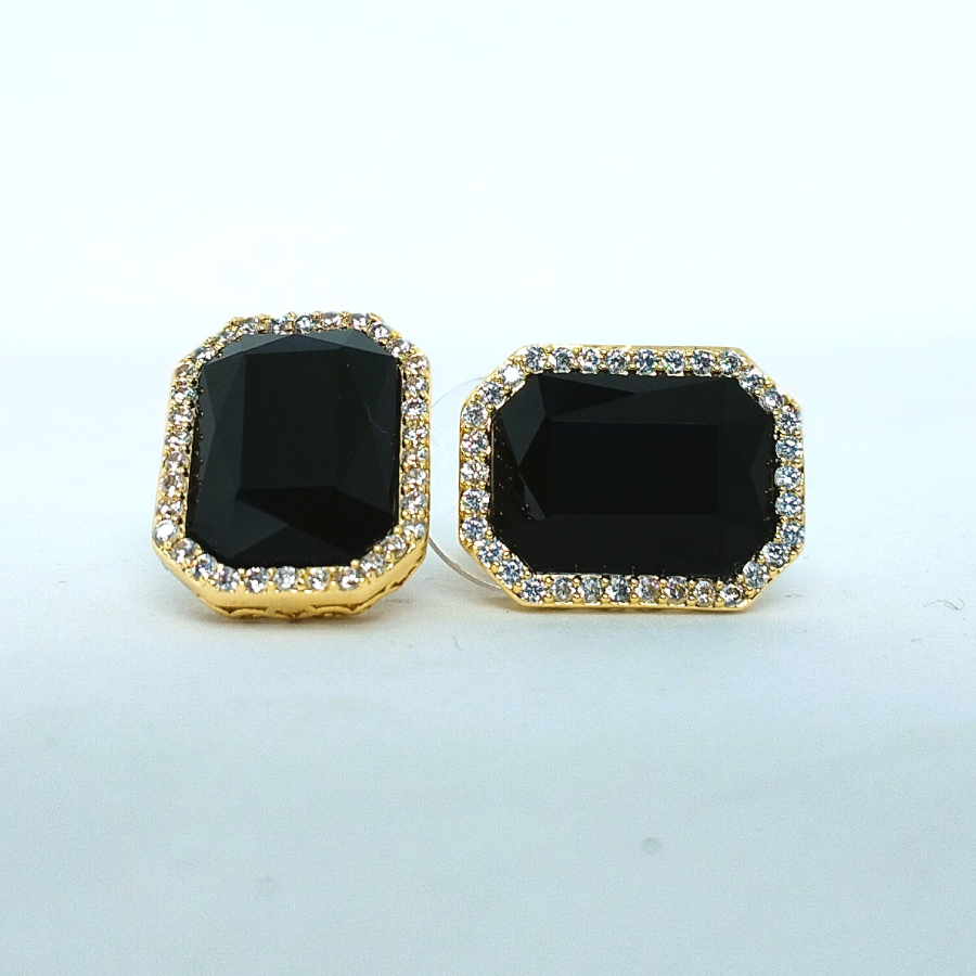 Black Crystal Stud Earrings with Gold Zircon Halo – Midnight Luxe Collection - Image 4
