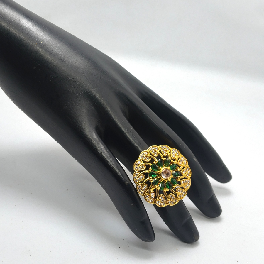 Emerald & CZ Floral Statement Ring – Adjustable Gold Cocktail Ring for Women - Image 4