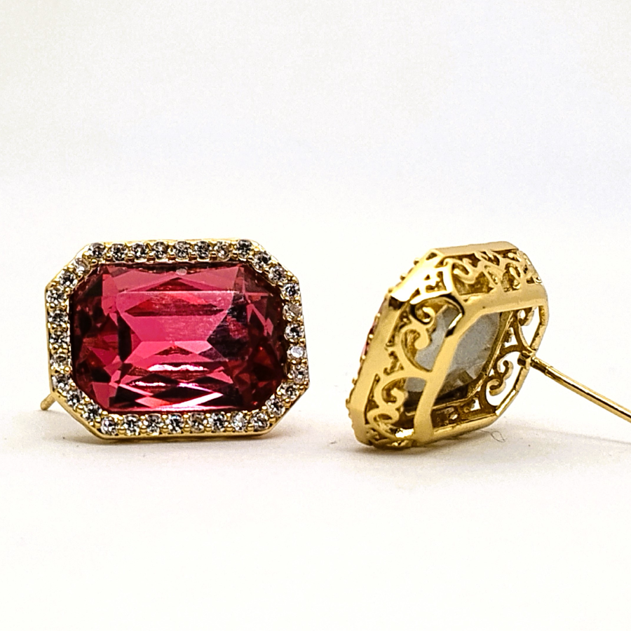 Rose Pink Crystal Stud Earrings with Gold Zircon Halo – Elegant Cocktail & Festive Jewelry - Image 4