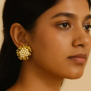 Gold-Plated Floral Earrings with Pearl Cluster – Elegant Statement Jewellery