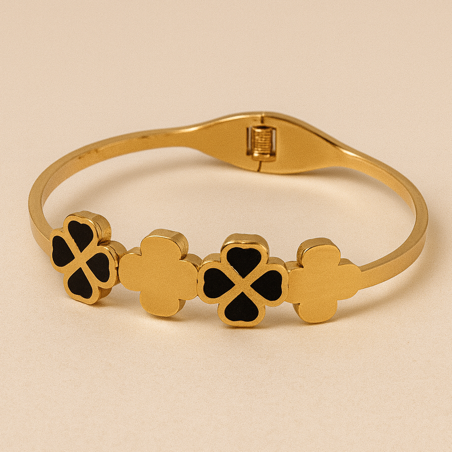 Stylish Gold Plated Clover Bracelet with Black Enamel - Image 4