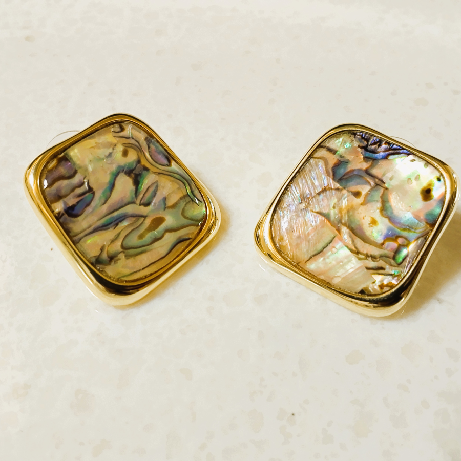 Square Abalone Shell Statement Stud Earrings with Gold-Tone Frame – Iridescent Luxury Jewelry - Image 4