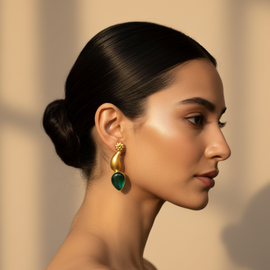 Elegant Gold Plated Green Stone Drop Earrings