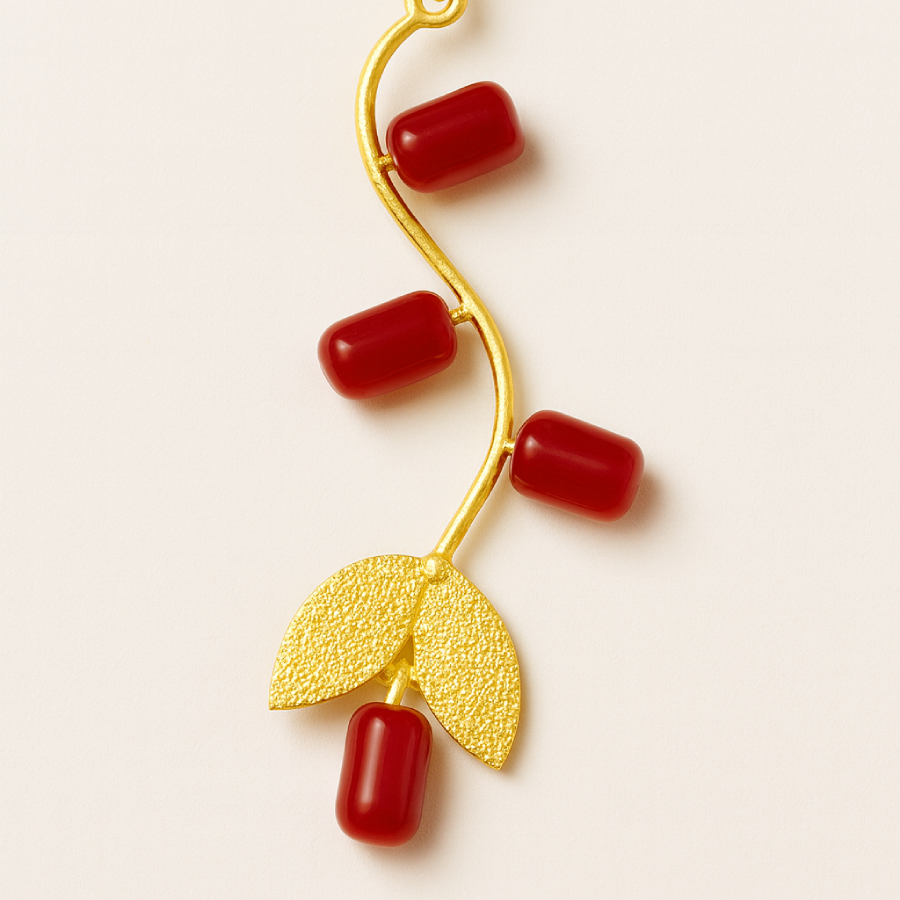 Artistic Gold Plated Red Stone Leaf Drop Earrings - Image 4