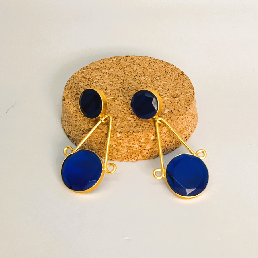 Stylish Gold Plated Blue Stone Geometric Drop Earrings - Image 4