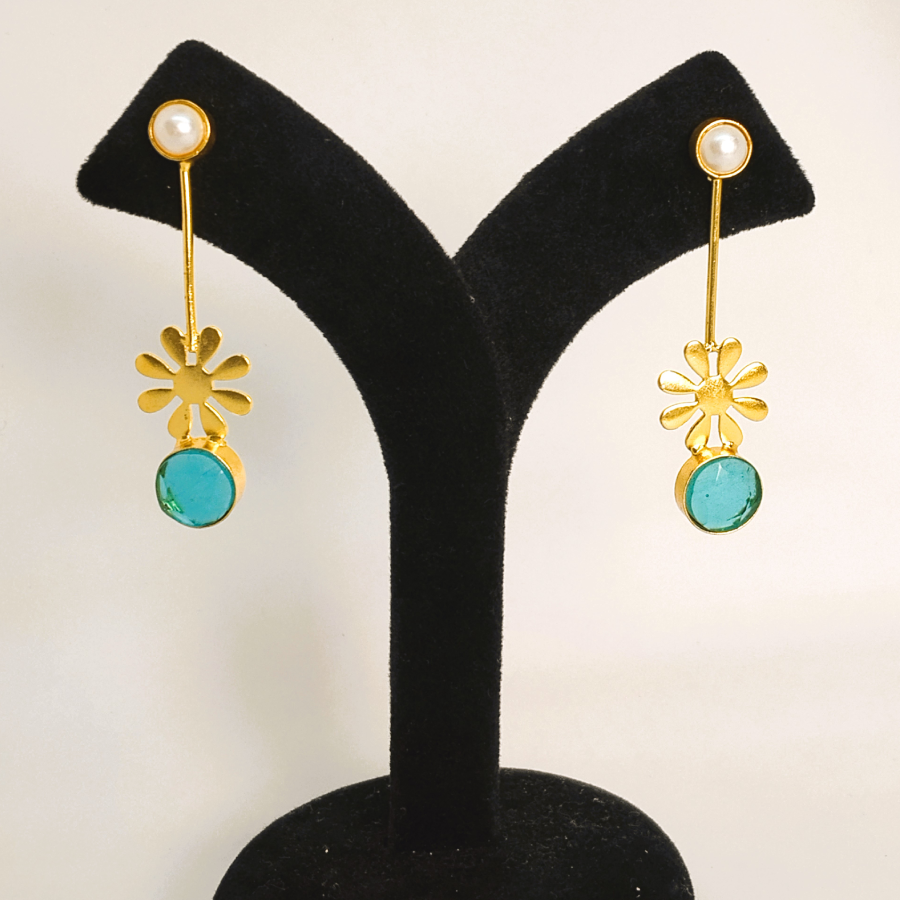 Gold Plated Modern Pearl & Green Stone Drop Earrings - Image 4