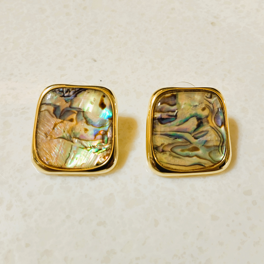 Square Abalone Shell Statement Stud Earrings with Gold-Tone Frame – Iridescent Luxury Jewelry - Image 5