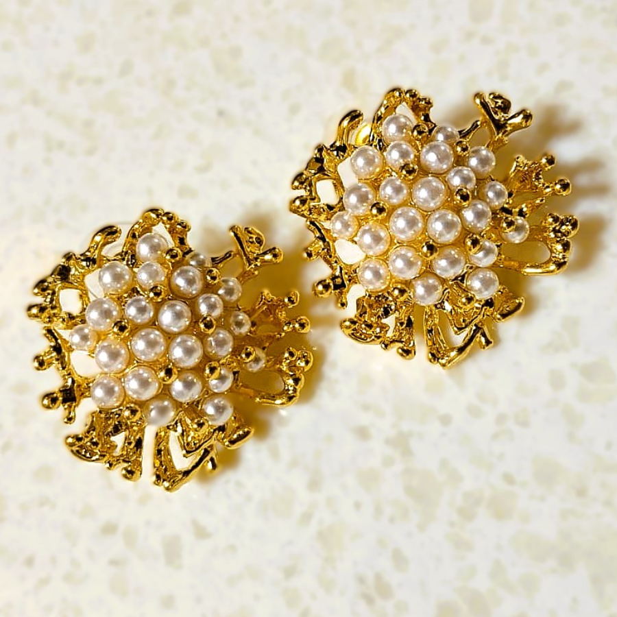Gold-Plated Floral Earrings with Pearl Cluster – Elegant Statement Jewellery - Image 5