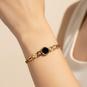 Elegant Gold Plated Black Stone Bracelet with Crystal Accents