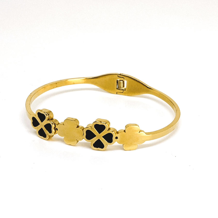 Stylish Gold Plated Clover Bracelet with Black Enamel - Image 5
