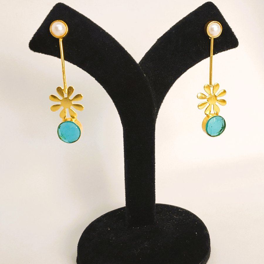 Gold Plated Modern Pearl & Green Stone Drop Earrings - Image 5