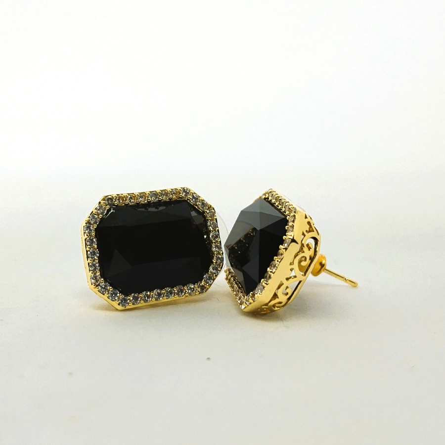 Black Crystal Stud Earrings with Gold Zircon Halo – Midnight Luxe Collection - Image 5