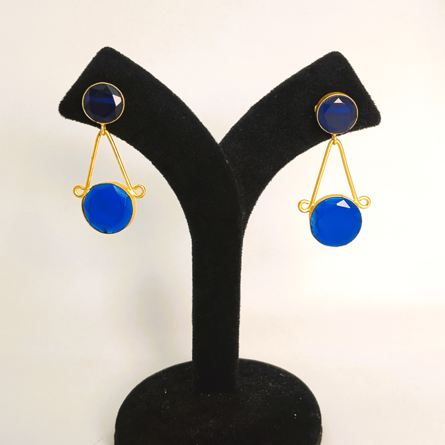 Stylish Gold Plated Blue Stone Geometric Drop Earrings - Image 6