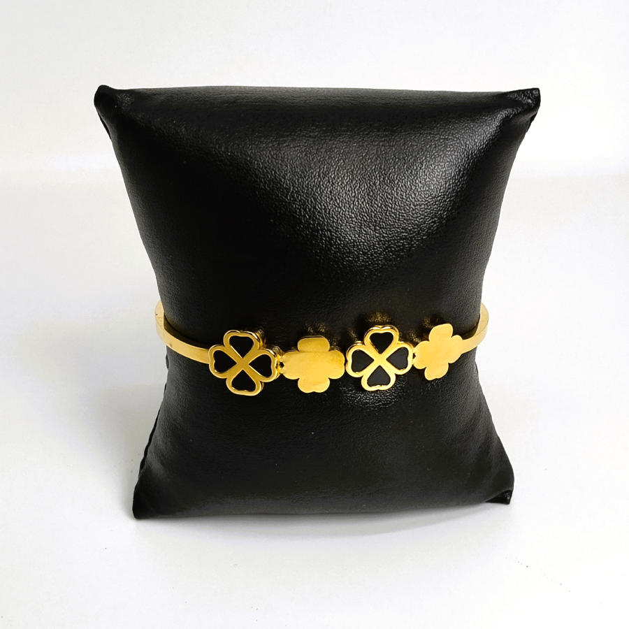Stylish Gold Plated Clover Bracelet with Black Enamel - Image 7