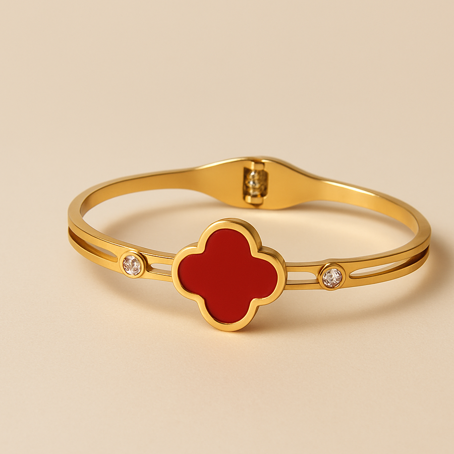 Elegant Gold Plated Red Clover Bracelet with Crystals - Image 7