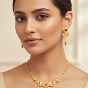Traditional Gold Plated Necklace Set – Temple Inspired Bridal Jewelry with Earrings & Pearl Drops