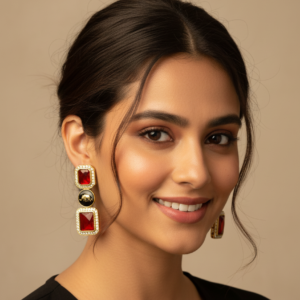 Ruby Red Stone Elephant Earrings – Gold Plated Statement Danglers with CZ Accents