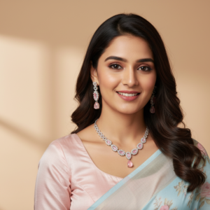Pink Stone Necklace Set with Earrings – Elegant Silver Finish Bridal Jewelry