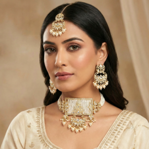 Traditional Kundan Pearl Choker Necklace Set with Maang Tikka