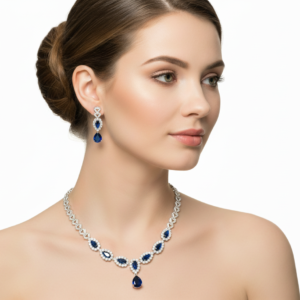 Royal Blue Sapphire Necklace Set – Silver Plated Bridal Jewelry with CZ Accents & Matching Earrings