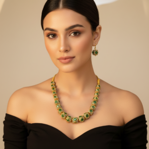 Green Kundan Cube Necklace Set – Gold Plated Traditional Jewellery with Matching Earrings