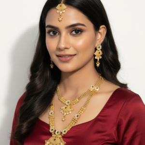 Traditional Gold Plated Bridal Necklace Set – Long Haar, Choker, Earrings & Maang Tikka with Red & White Stone Accents
