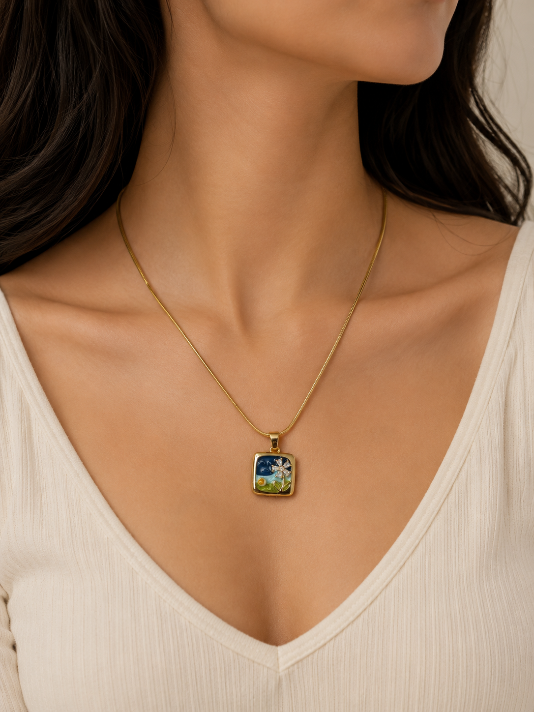 Starry Night Floral Enamel Pendant Necklace
