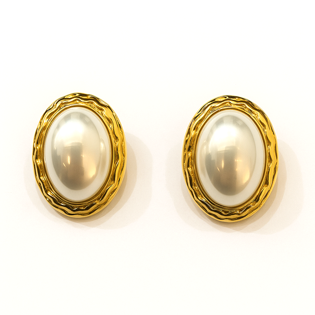 Gold Plated Classic Elegant Oval Pearl Stud Earrings - Image 2