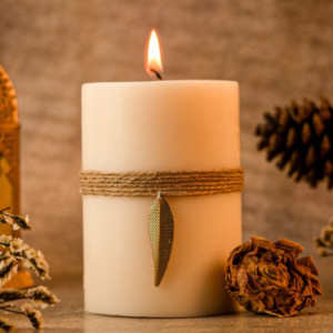 Rustic Scented Pillar Candle with Jute & Gold Leaf Charm