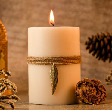 Rustic Scented Pillar Candle with Jute & Gold Leaf Charm