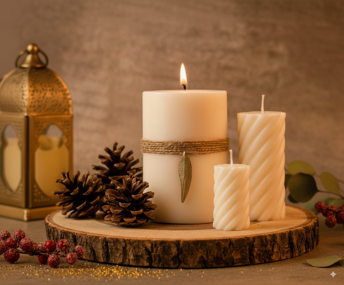 Rustic Scented Pillar Candle with Jute & Gold Leaf Charm - Image 2