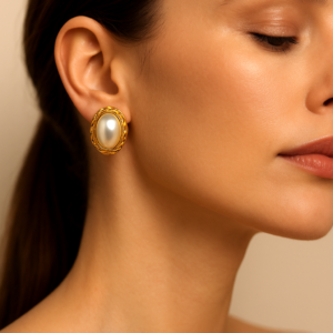 Gold Plated Classic Elegant Oval Pearl Stud Earrings