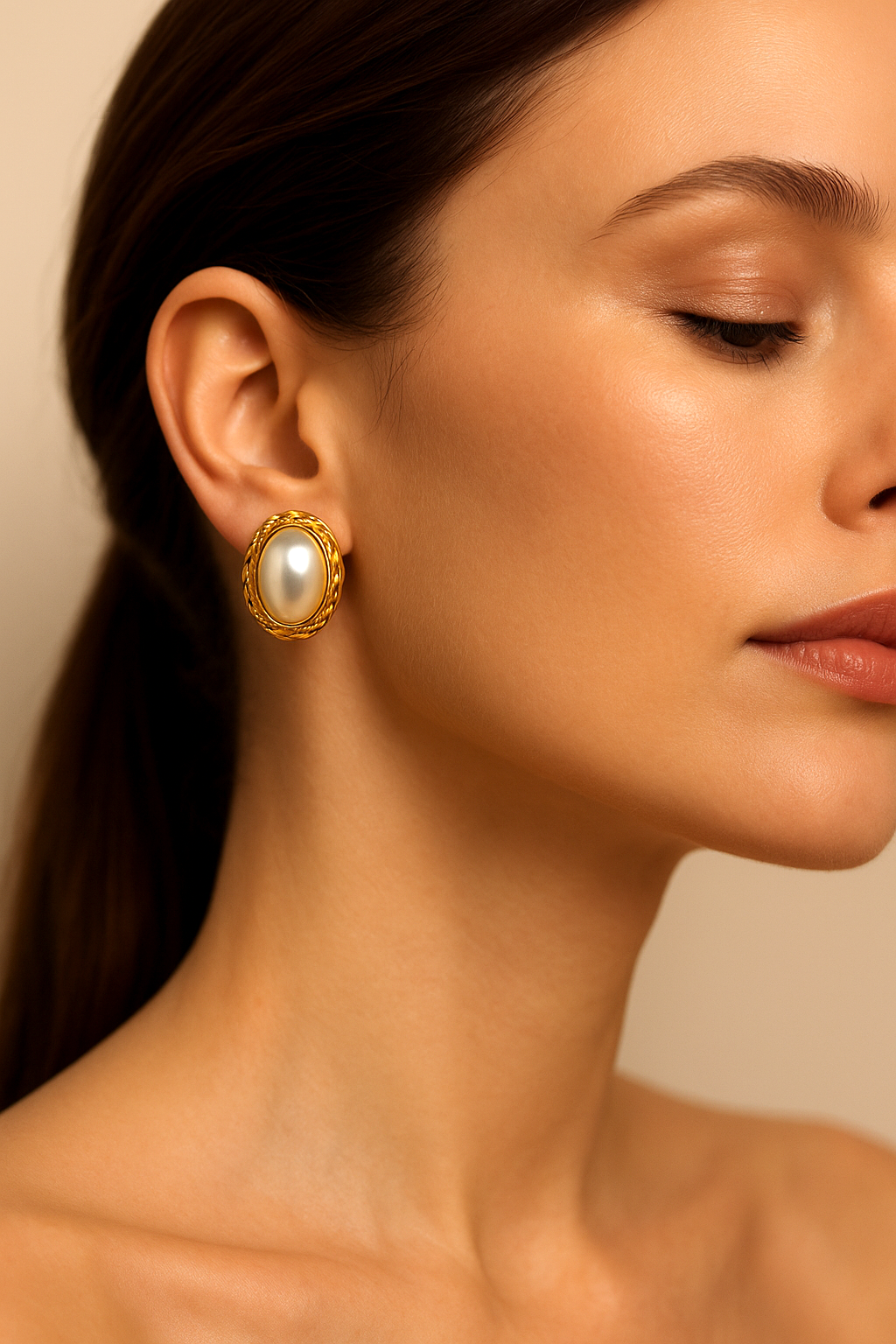 Gold Plated Classic Elegant Oval Pearl Stud Earrings