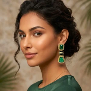 Emerald Green Stone Panther Earrings – Gold Plated Statement Danglers with CZ Accents