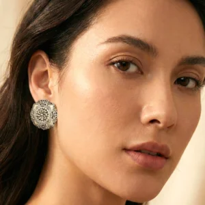 Vintage Silver Floral Stud Earrings – Antique Oxidised Flower Earrings | Boho Ethnic Earrings