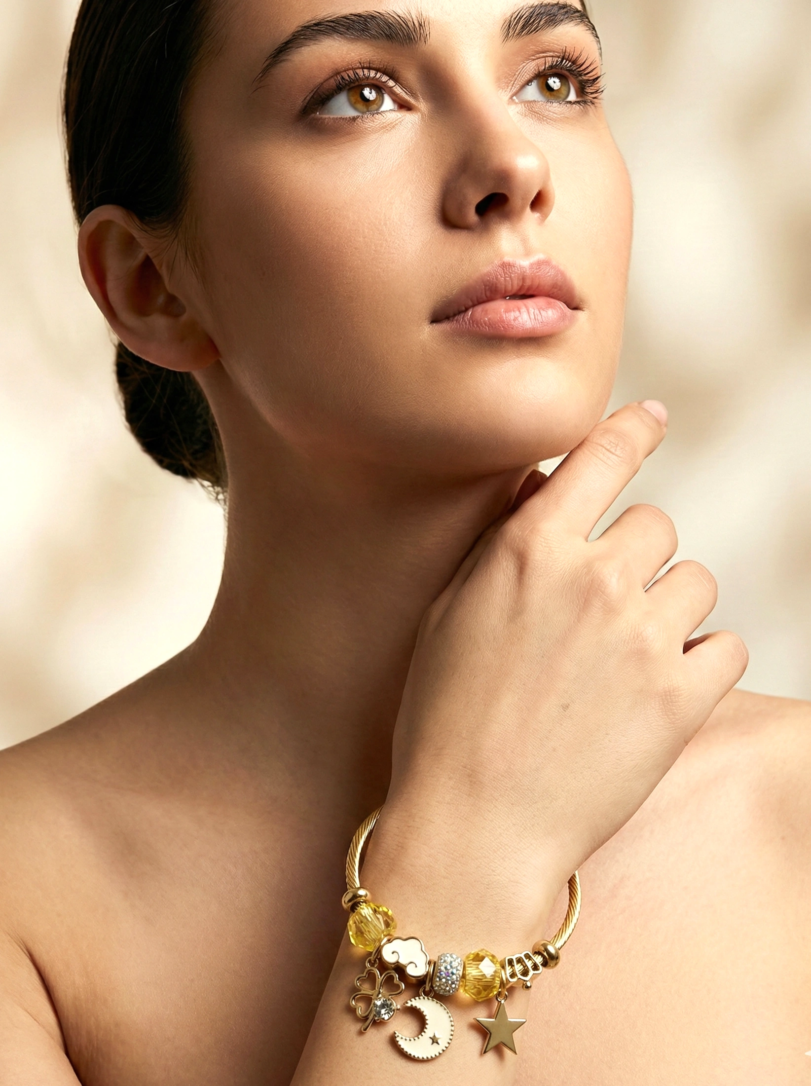 Gold Celestial Charm Bangle Bracelet – Moon Star & Cloud Multi Charm Cuff | Luxury Pandora Style Bracelet